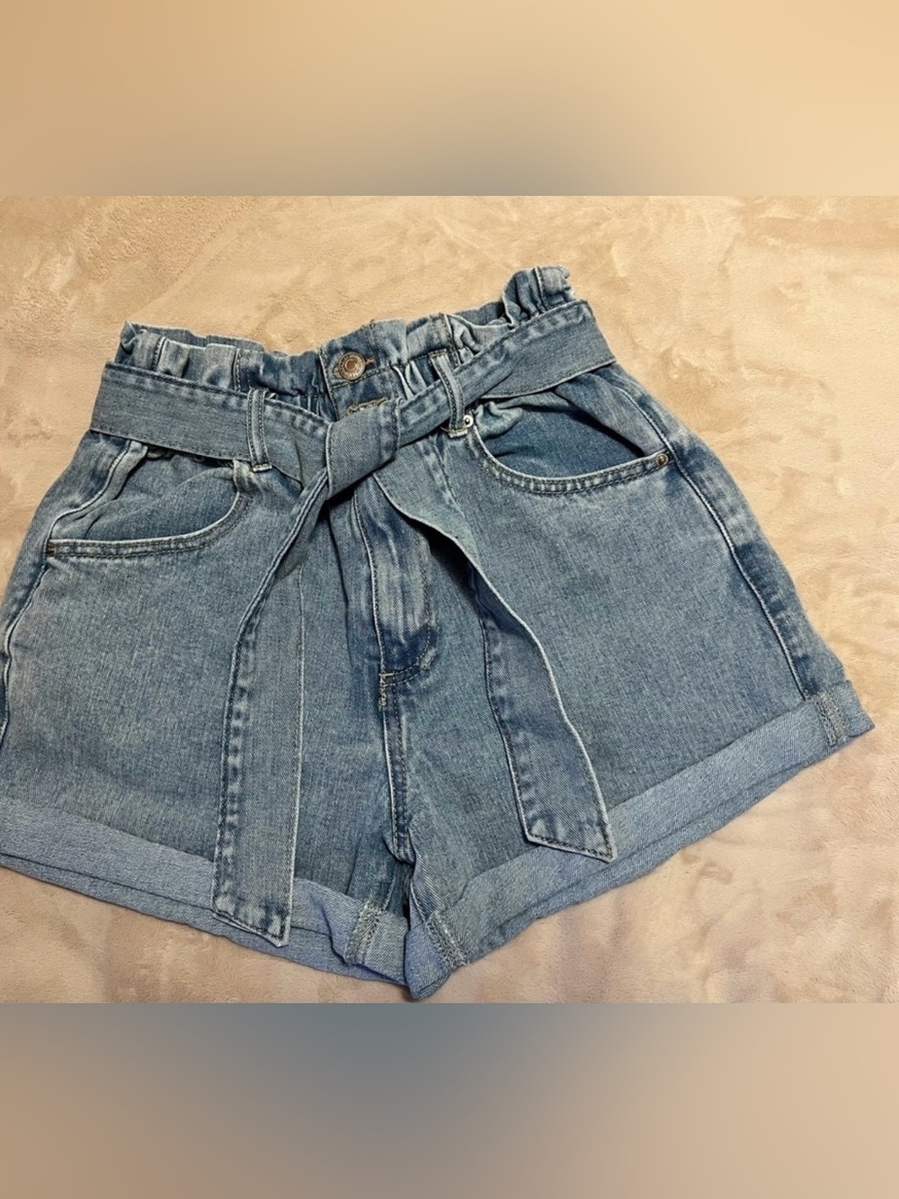 Forever 21 High-Waist Tie-Belt Denim Shorts - Light Blue